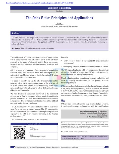 The Odds Ratio: Principles and Applications : Journal of the .